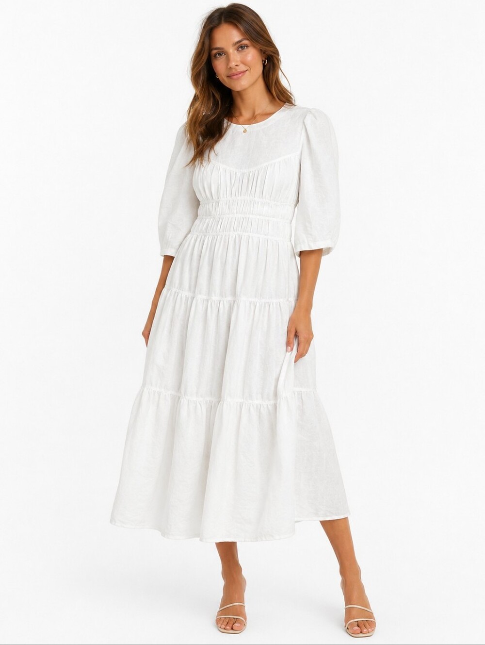 Moon River White Tiered Midi Dress XS Cottagecore Open Back Puff Sleeve